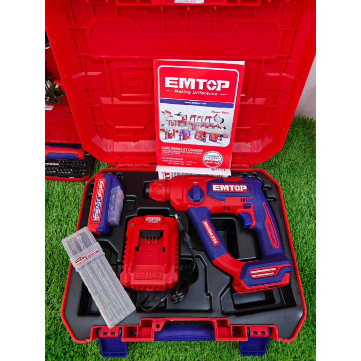 Perforateur Burineur Sans Fil EMTOP 20V Brushless Batterie 2.0Ah et Accessoires
