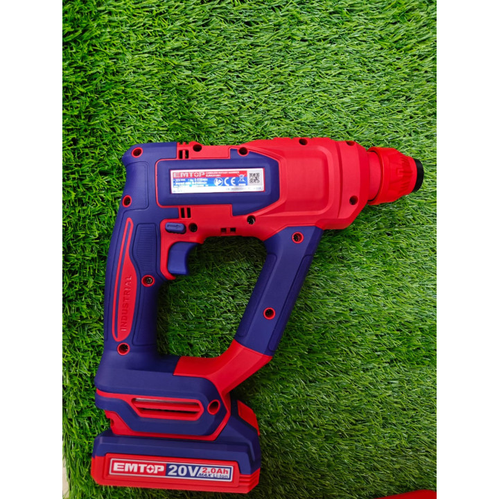 Perforateur Burineur Sans Fil EMTOP 20V Brushless Batterie 2.0Ah et Accessoires