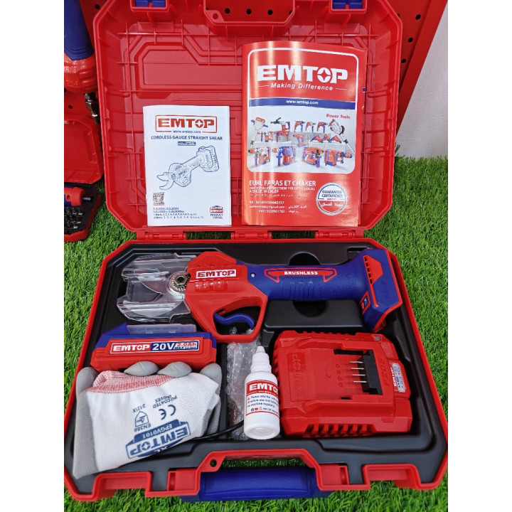 Sécateur Électrique Sans Fil EMTOP 20V Brushless Batterie 2.0Ah et Accessoires