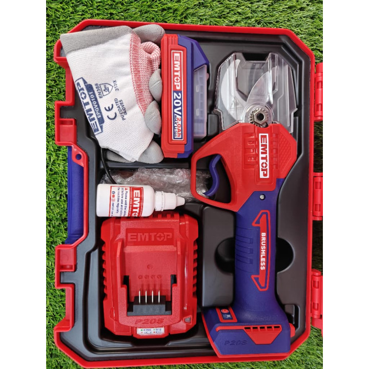 Sécateur Électrique Sans Fil EMTOP 20V Brushless Batterie 2.0Ah et Accessoires