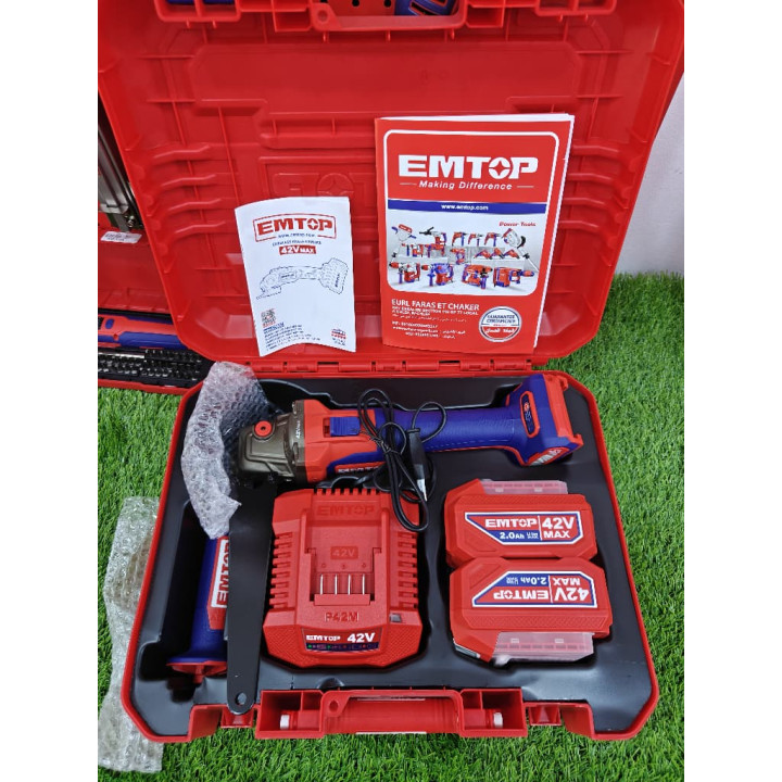 Meuleuse d'Angle Sans Fil EMTOP 42V Max 2 Batteries 2.0Ah et Accessoires