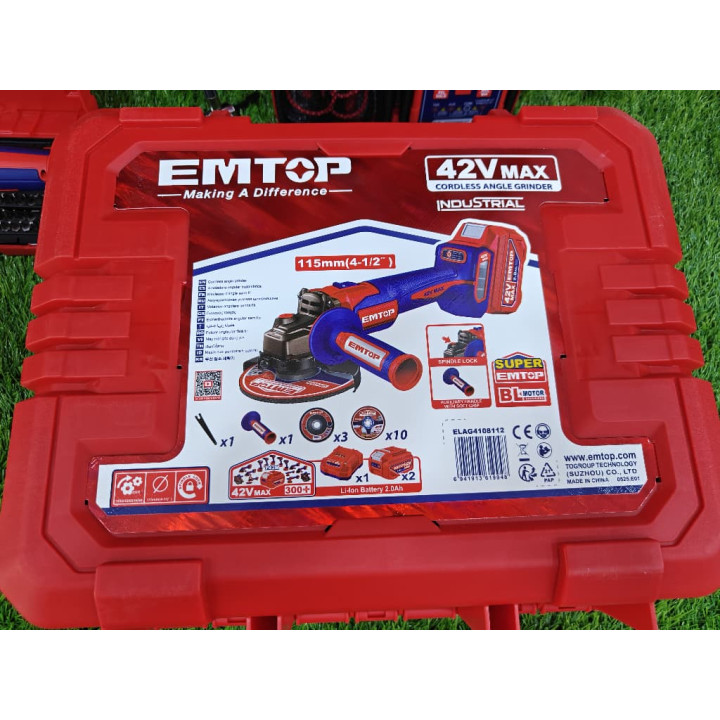Meuleuse d'Angle Sans Fil EMTOP 42V Max 2 Batteries 2.0Ah et Accessoires