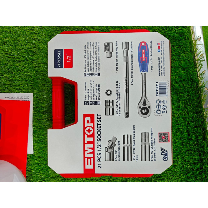 Coffret Clés à Douilles EMTOP 1/2" 21 Pièces Acier Chrome-Vanadium