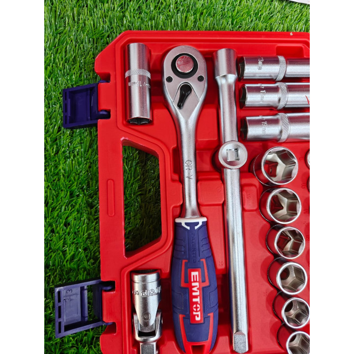 Coffret Clés à Douilles EMTOP 1/2" 21 Pièces Acier Chrome-Vanadium
