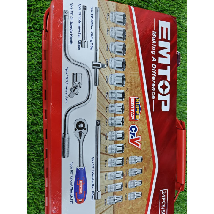 EMTOP Coffret 24 Douilles 1/2" Acier Cr-V Caisse Métallique – Livraison 69 wilayas – Paiement CIB, Dahabia ou à la livraison