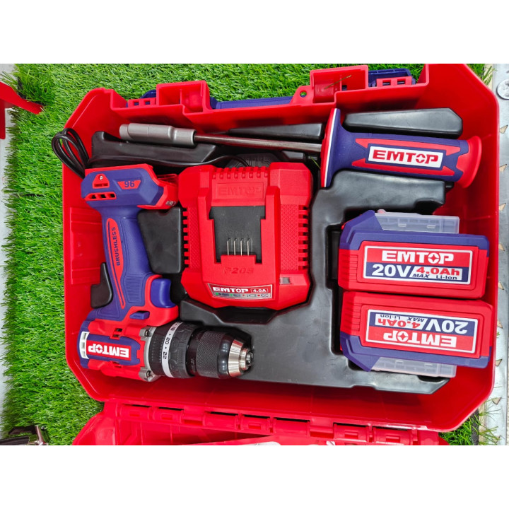 مثقاب دقاق لاسلكي EMTOP Brushless 20V 96 نيوتن.متر — بطارية 4.0Ah — توصيل 69 ولاية