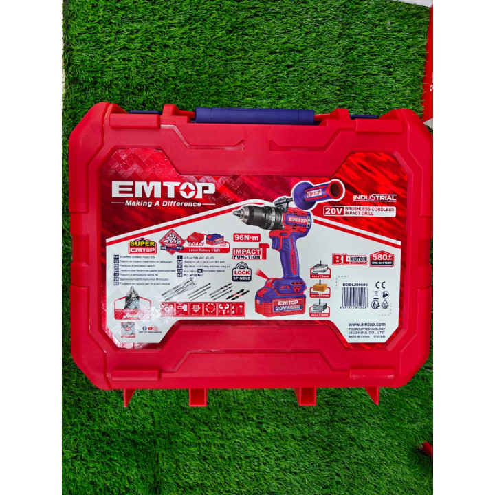 مثقاب دقاق لاسلكي EMTOP Brushless 20V 96 نيوتن.متر — بطارية 4.0Ah — توصيل 69 ولاية