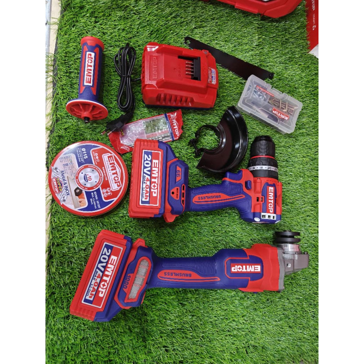 Combiné 2 Outils Sans Fil Brushless 20V EMTOP Perceuse 66Nm et Meuleuse 115mm