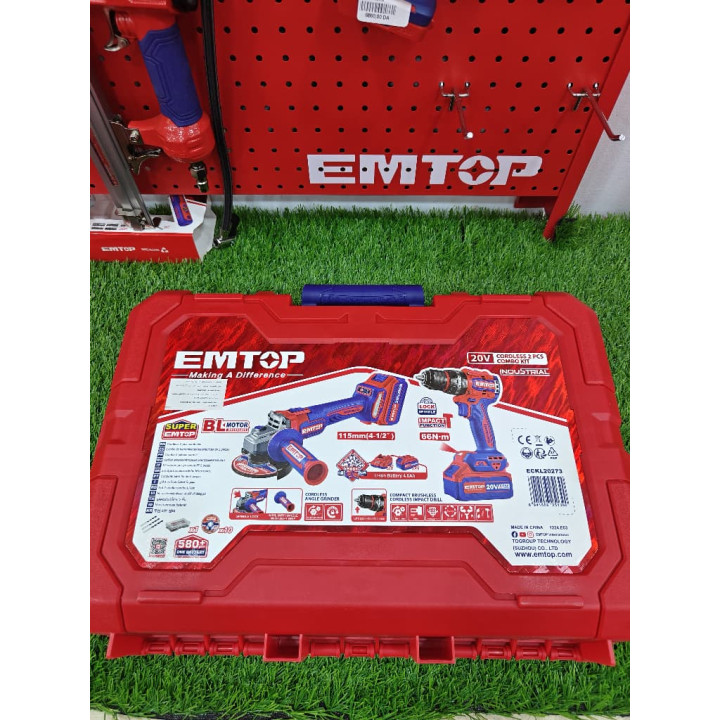 Combiné 2 Outils Sans Fil Brushless 20V EMTOP Perceuse 66Nm et Meuleuse 115mm