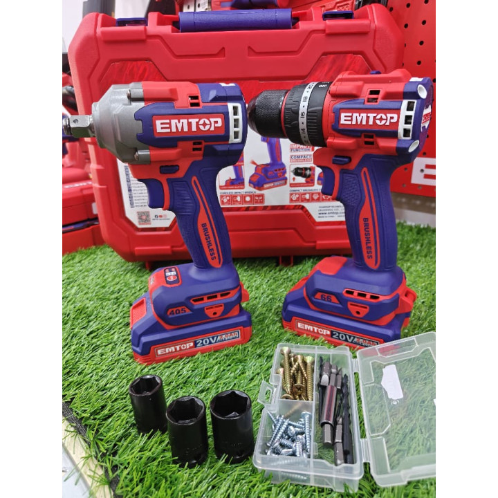 Kit Combiné 2 Outils Sans Fil Brushless 20V EMTOP Perceuse 66Nm et Clé à Chocs 405Nm