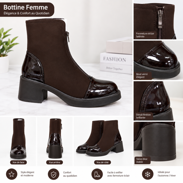 Bottines Femme Marron à Fermeture Éclair