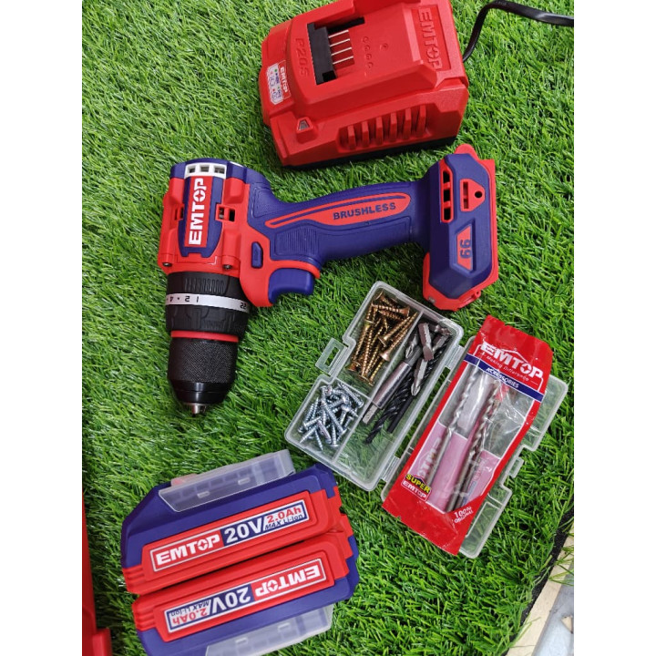 Perceuse à Percussion Sans Fil Compacte Brushless 20V EMTOP 66Nm et Accessoires