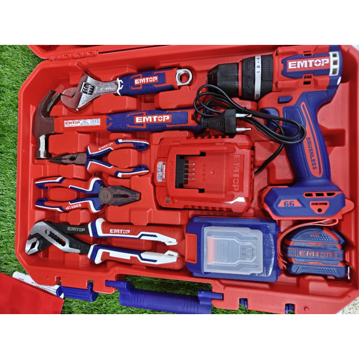 طقم أدوات احترافي مكون من 166 قطعة مع مثقب طرقي لاسلكي 20 فولت إم توب – Brushless