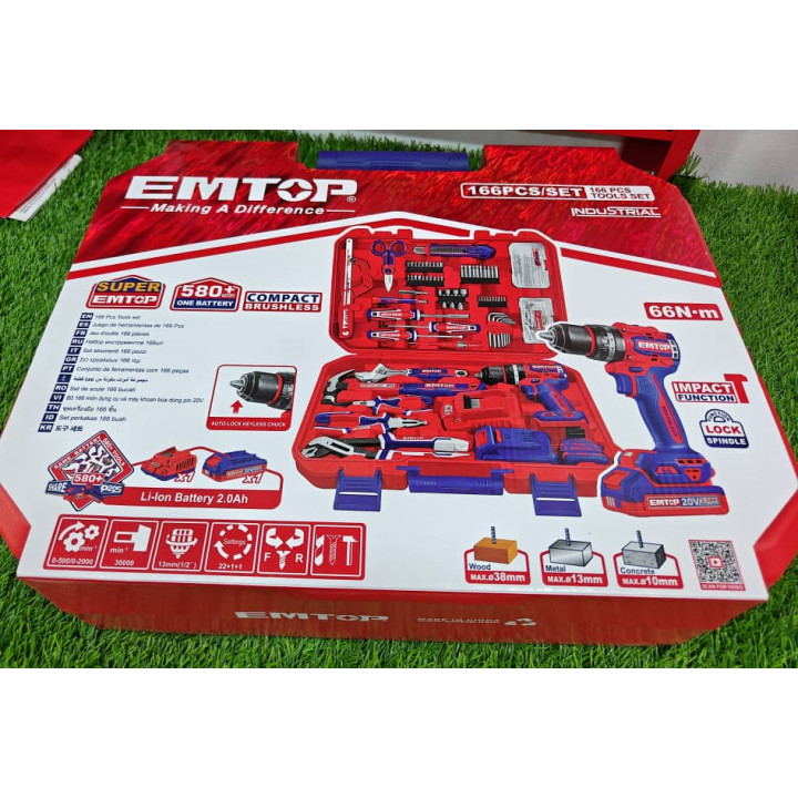 Jeu de 166 Outils avec Perceuse à Percussion Sans Fil 20V EMTOP – Brushless
