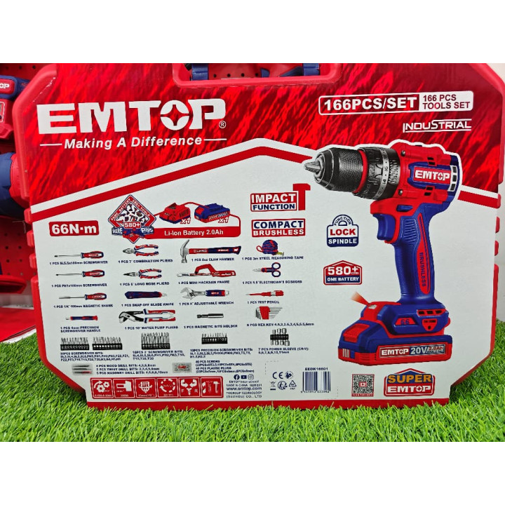 Jeu de 166 Outils avec Perceuse à Percussion Sans Fil 20V EMTOP – Brushless