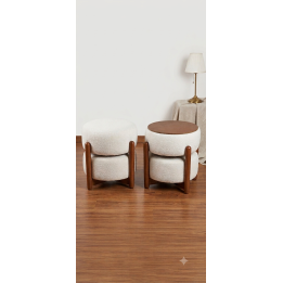 Pouf Double 2 en 1 – Bouclé Blanc & Bois, Table Réversible