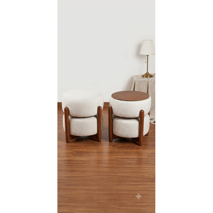 Pouf Double 2 en 1 – Bouclé Blanc & Bois, Table Réversible