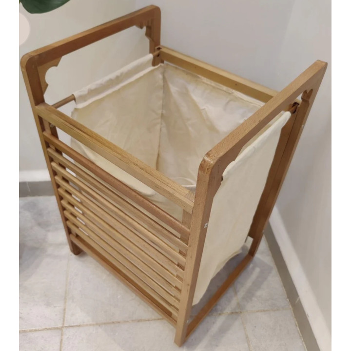 Panier à Linge Bois & Tissu Beige | avec Sac Amovible