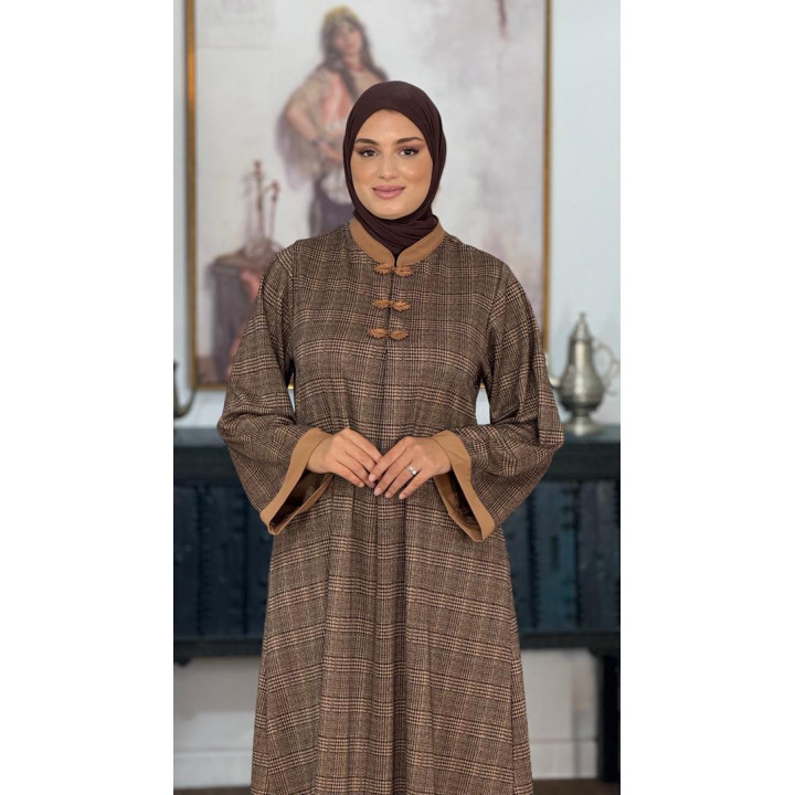 Robe Longue Motifs Carreaux Prince de Galles Tartan Col Officier Revers Camel – Livraison 69 wilayas – Paiement CIB, Dahabia ou
