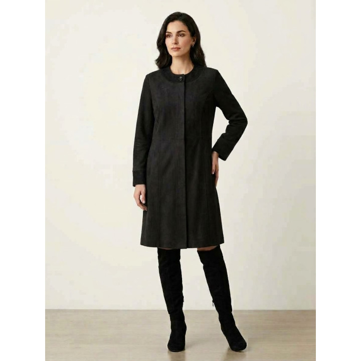 Manteau Mi-Long Effet Daim – Coupe Structurée et Col Travaillé