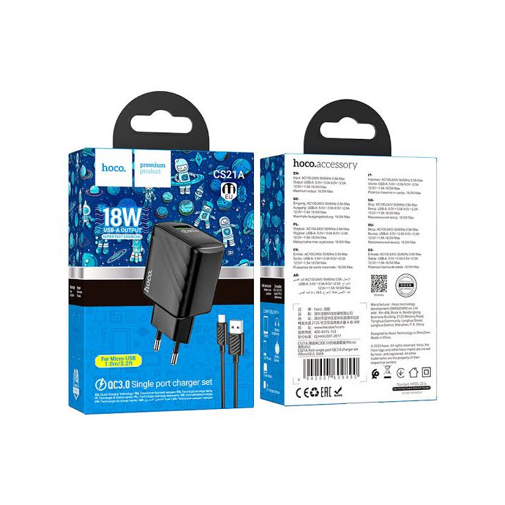 Hoco CS21A Rich Chargeur Secteur 18W USB-A avec Câble – Livraison 69 wilayas – Paiement CIB, Dahabia ou à la livraison