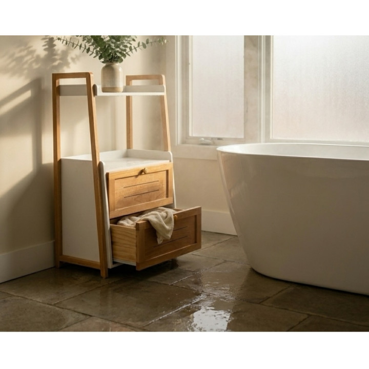 Meuble Rangement Multiusage Bois & Blanc | Colonne avec 2 Tiroirs