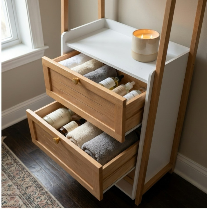 Meuble Rangement Multiusage Bois & Blanc | Colonne avec 2 Tiroirs