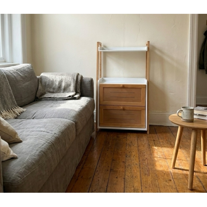 Meuble Rangement Multiusage Bois & Blanc | Colonne avec 2 Tiroirs