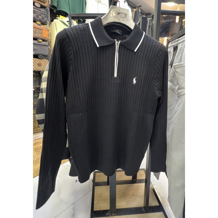 Pull Col Maille Côtelée Demi-Zip Noir Blanc Vert – Livraison 69 wilayas – Paiement CIB, Dahabia ou à la livraison